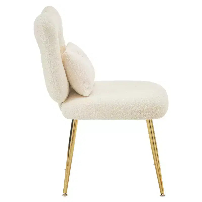 Vanity Chair, Faux Shearling Upholstery, Backrest Pillow and Golden Metal Legs, for Living Room/Dressing Room/Home Office