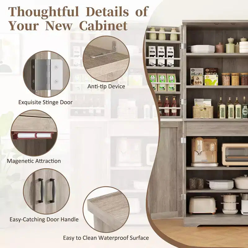 66.7 Kitchen Pantry Cabinet, with Door Shelves, Hidden Drawer and Adjustable Shelf. Freestanding Pantry for Kitchen, Dining Room
