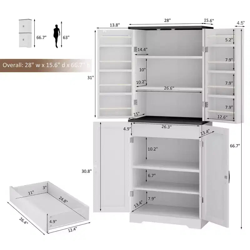 66.7 Kitchen Pantry Cabinet, with Door Shelves, Hidden Drawer and Adjustable Shelf. Freestanding Pantry for Kitchen, Dining Room