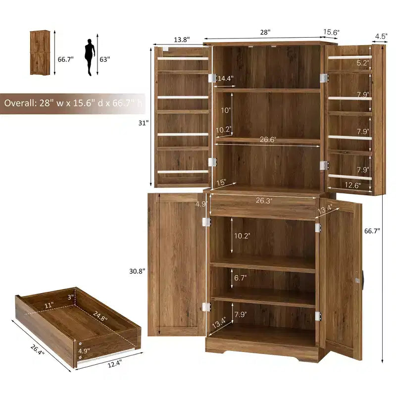 66.7 Kitchen Pantry Cabinet, with Door Shelves, Hidden Drawer and Adjustable Shelf. Freestanding Pantry for Kitchen, Dining Room