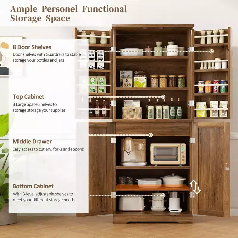 66.7 Kitchen Pantry Cabinet, with Door Shelves, Hidden Drawer and Adjustable Shelf. Freestanding Pantry for Kitchen, Dining Room