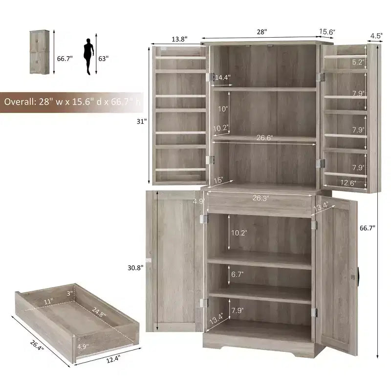 66.7 Kitchen Pantry Cabinet, with Door Shelves, Hidden Drawer and Adjustable Shelf. Freestanding Pantry for Kitchen, Dining Room