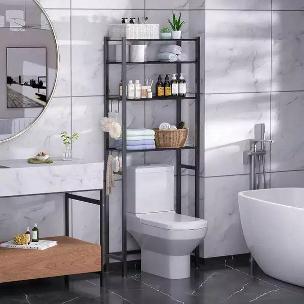 4 Tier Over Toilet Storage Rack Bathroom Organizer Shelves Cabinet Black Adjustable Height Freestanding Space Saver