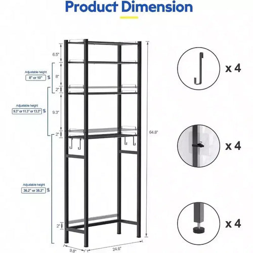 4 Tier Over Toilet Storage Rack Bathroom Organizer Shelves Cabinet Black Adjustable Height Freestanding Space Saver