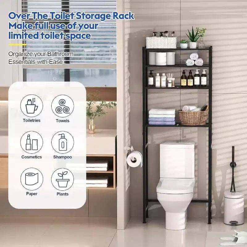 4 Tier Over Toilet Storage Rack Bathroom Organizer Shelves Cabinet Black Adjustable Height Freestanding Space Saver