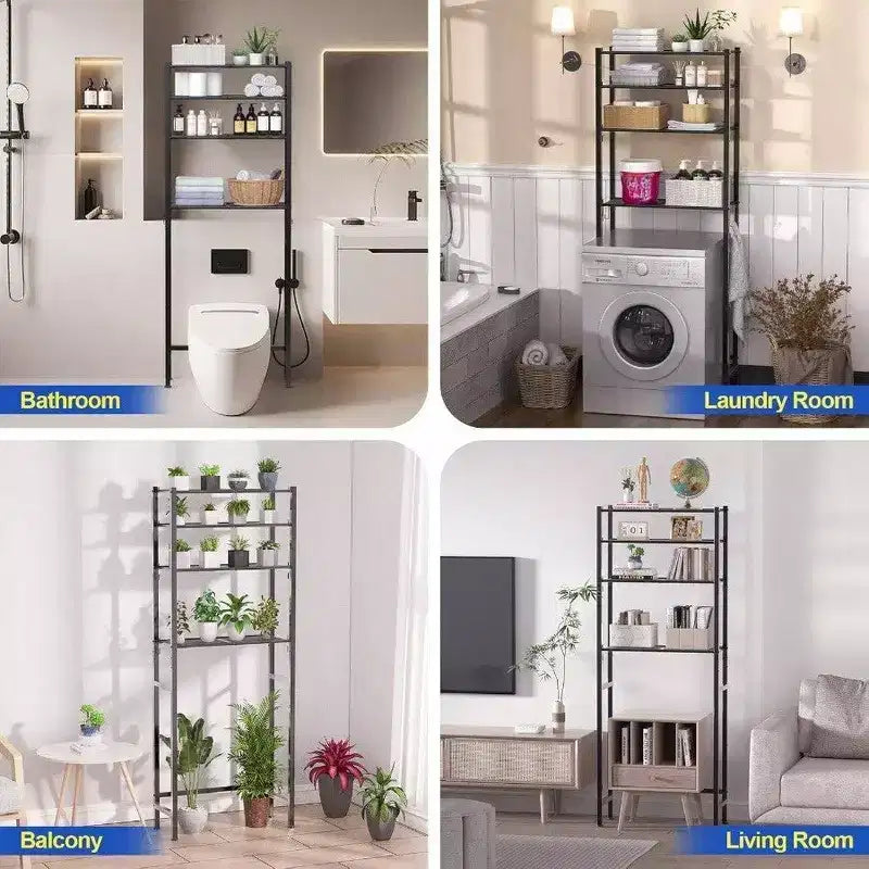 4 Tier Over Toilet Storage Rack Bathroom Organizer Shelves Cabinet Black Adjustable Height Freestanding Space Saver
