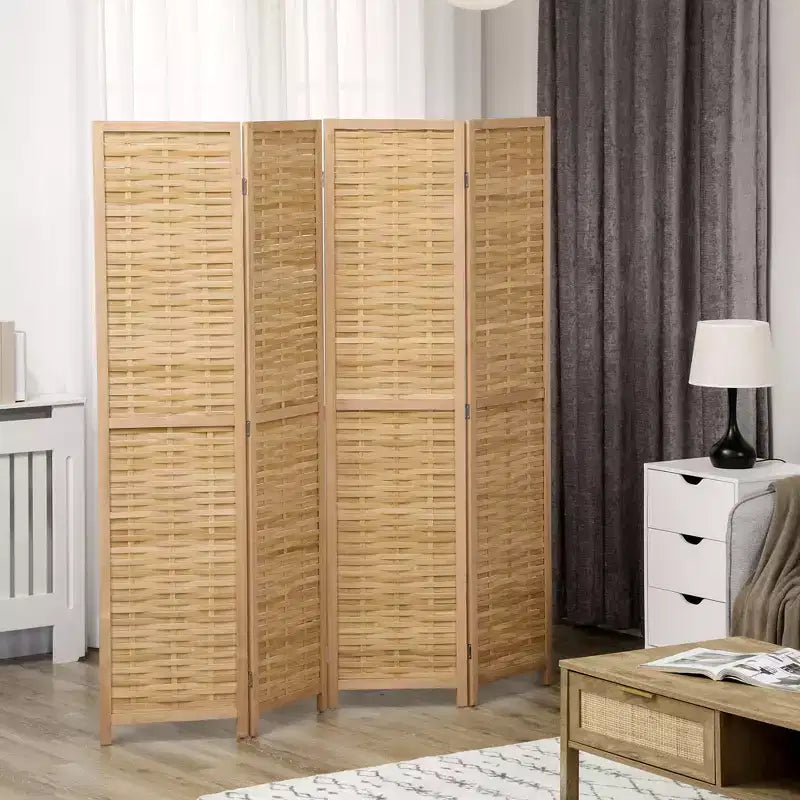 Hand Woven Room Divider, 4 Panel Folding Privacy Screen, Indoor Reed Partition Wall, 63x67x0.75