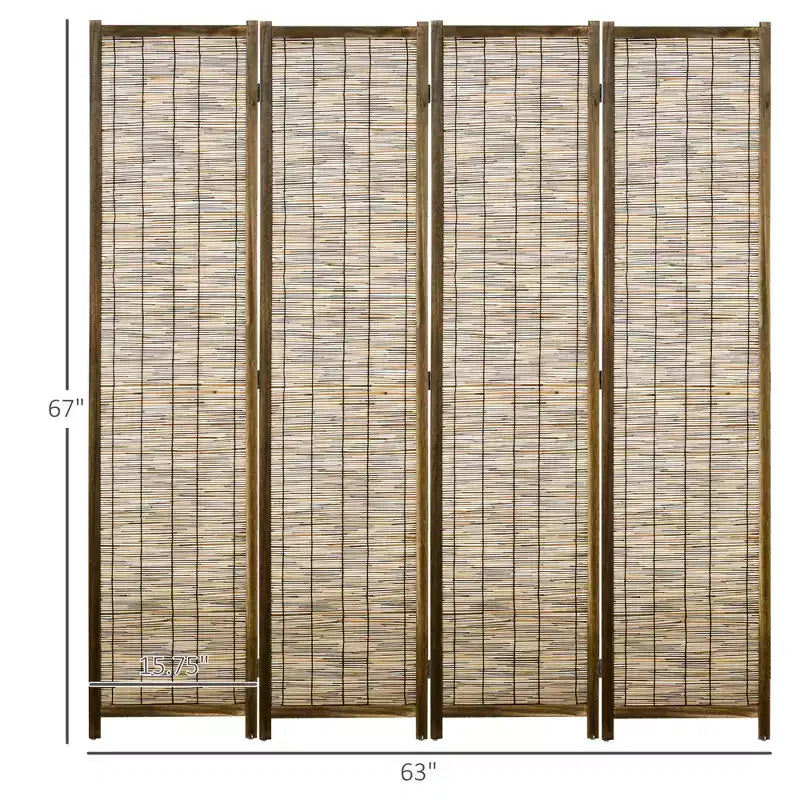 Hand Woven Room Divider, 4 Panel Folding Privacy Screen, Indoor Reed Partition Wall, 63x67x0.75