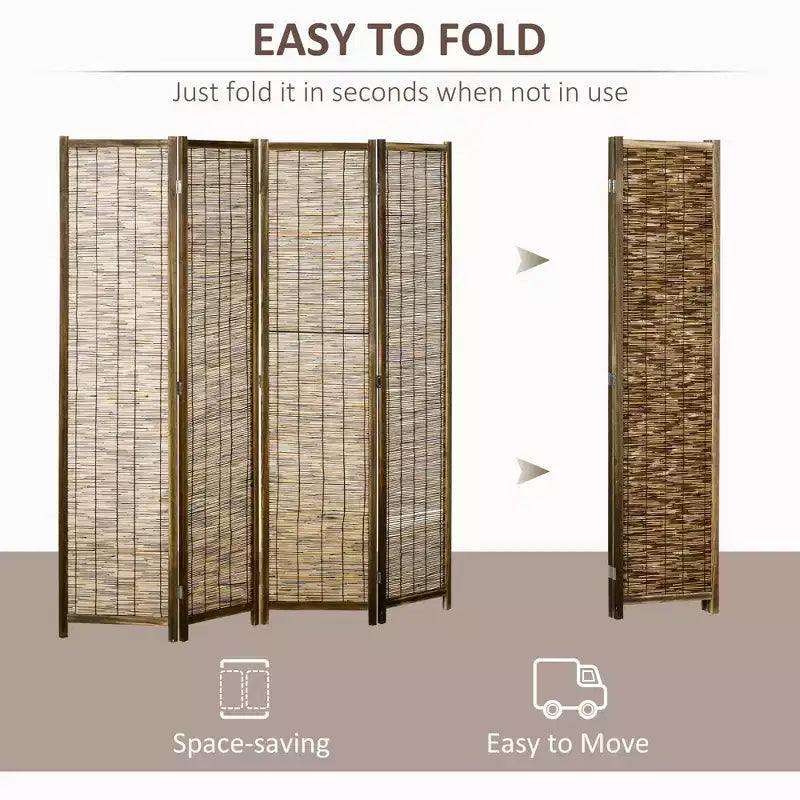Hand Woven Room Divider, 4 Panel Folding Privacy Screen, Indoor Reed Partition Wall, 63x67x0.75