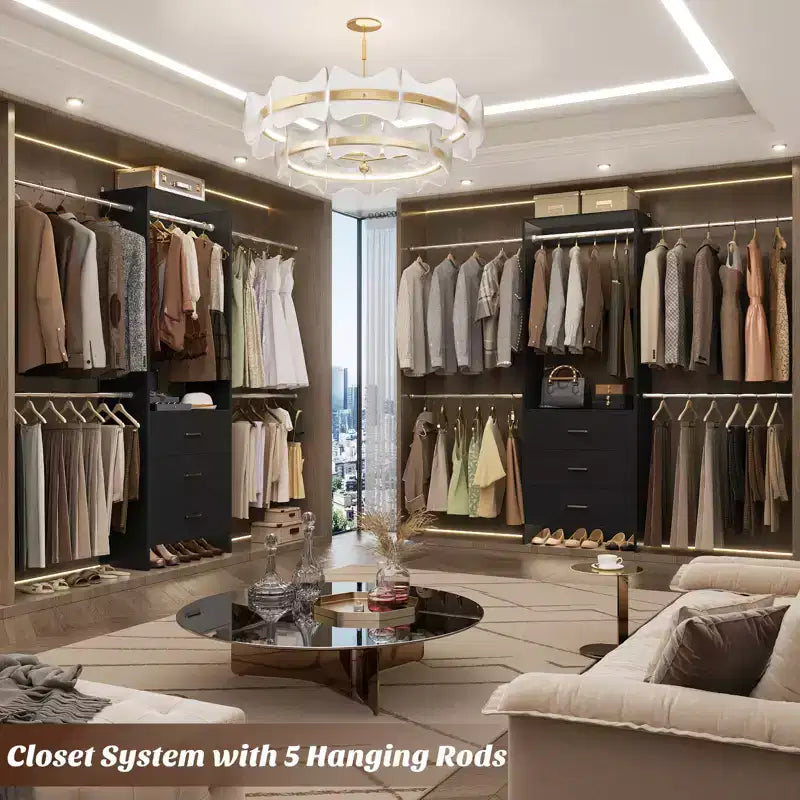 Closet System with 4 Hanging Rods and Drawers