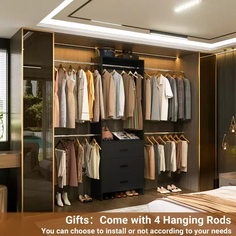 Closet System with 4 Hanging Rods and Drawers