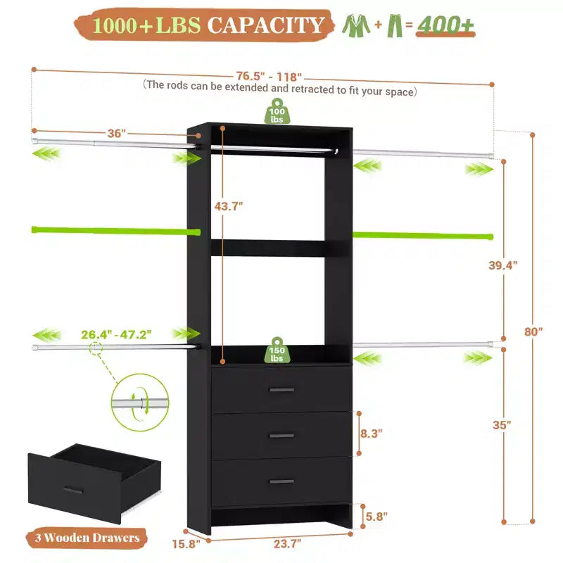 Closet System with 4 Hanging Rods and Drawers