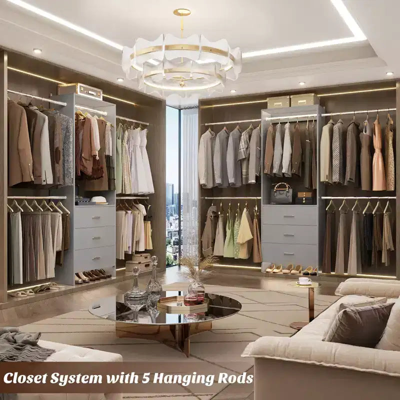 Closet System with 4 Hanging Rods and Drawers