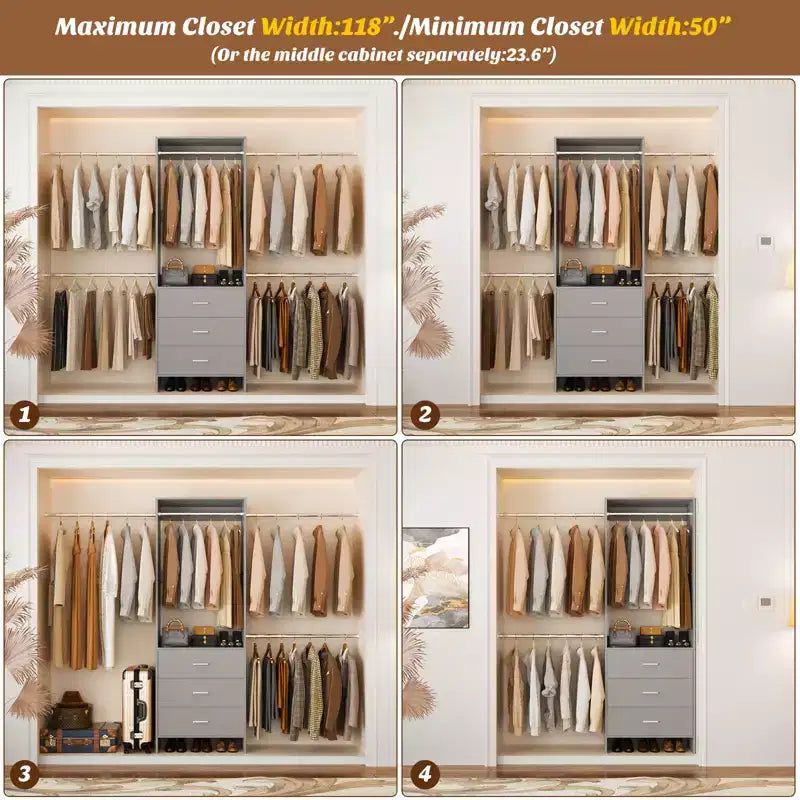 Closet System with 4 Hanging Rods and Drawers