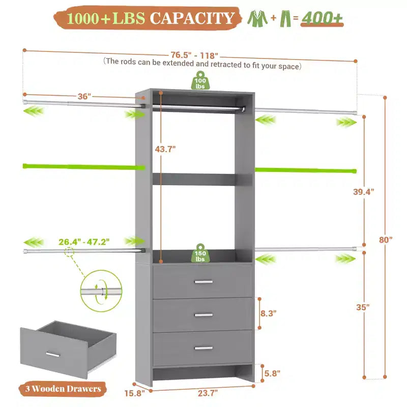 Closet System with 4 Hanging Rods and Drawers