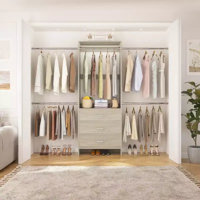 Closet System with 4 Hanging Rods and Drawers