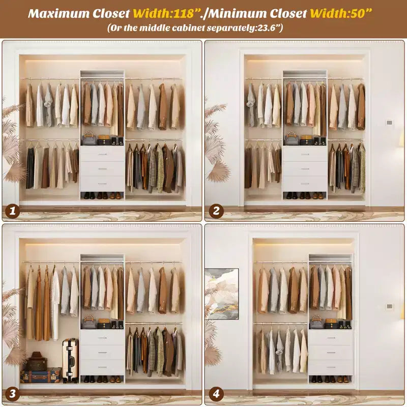 Closet System with 4 Hanging Rods and Drawers