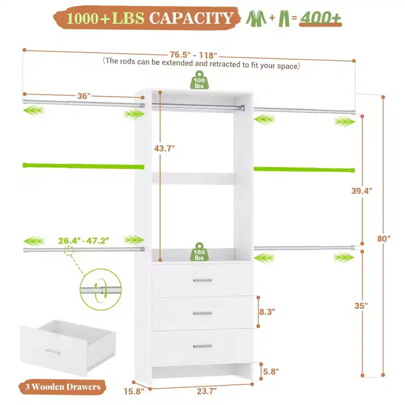 Closet System with 4 Hanging Rods and Drawers