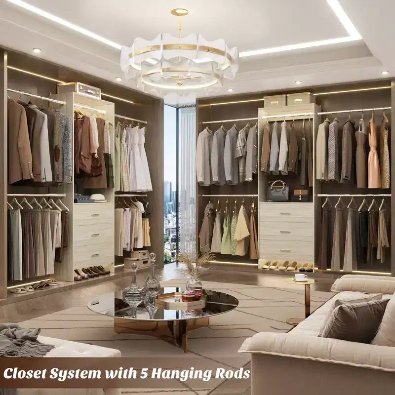 Closet System with 4 Hanging Rods and Drawers