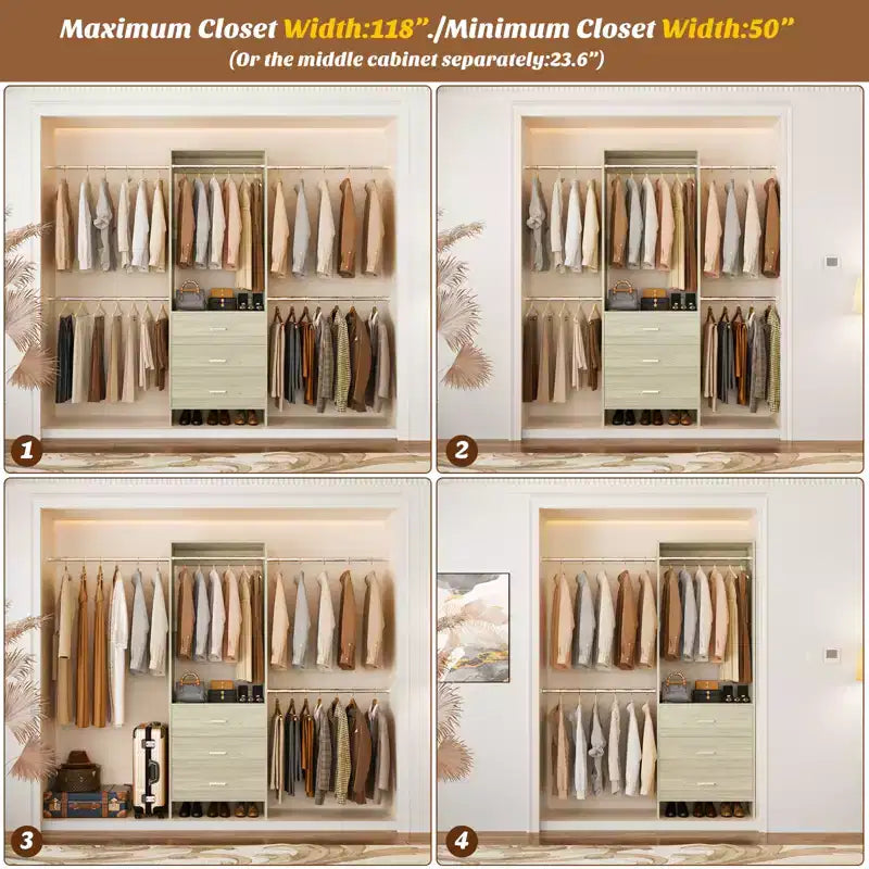 Closet System with 4 Hanging Rods and Drawers