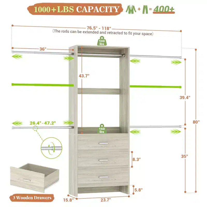 Closet System with 4 Hanging Rods and Drawers