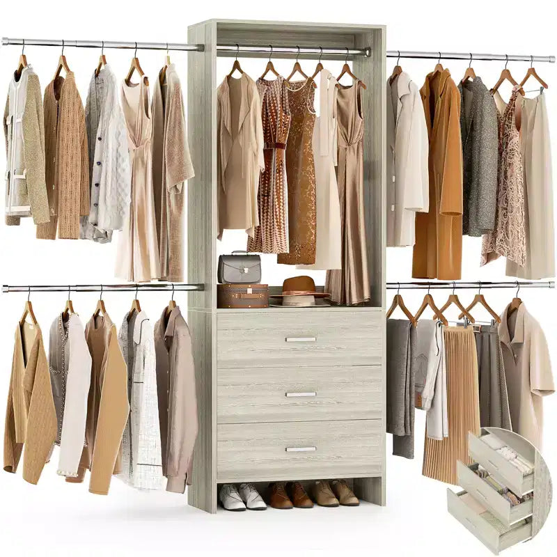 Closet System with 4 Hanging Rods and Drawers