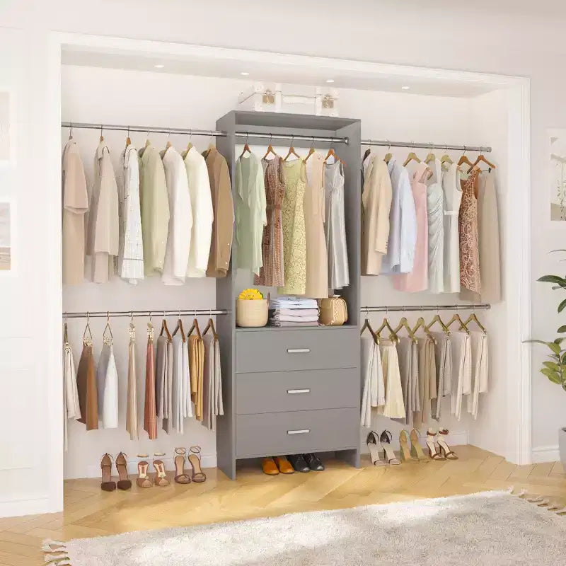 Closet System with 4 Hanging Rods and Drawers