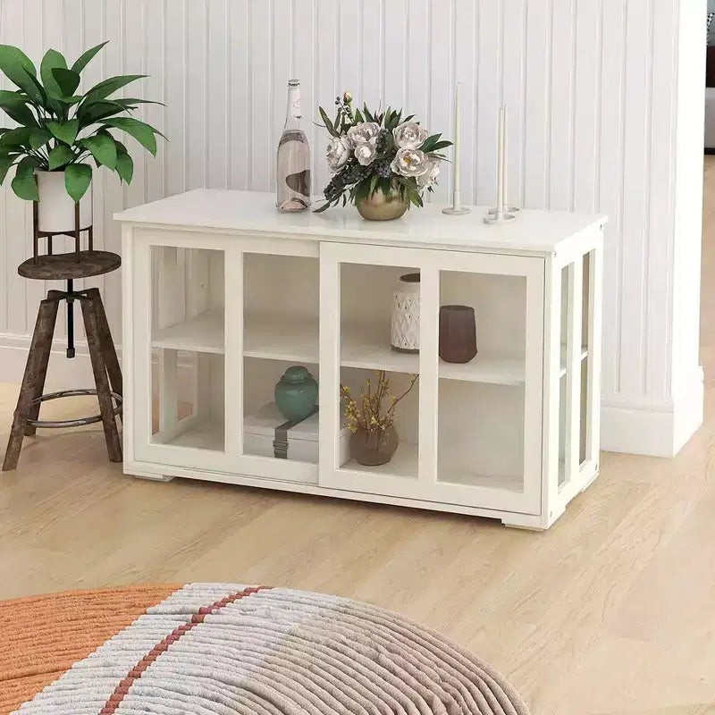 White Kitchen Storage Cupboard, Glass Door Design for Display & Storage