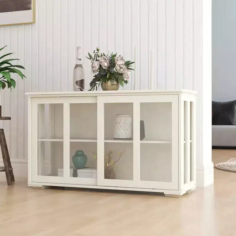 White Kitchen Storage Cupboard, Glass Door Design for Display & Storage