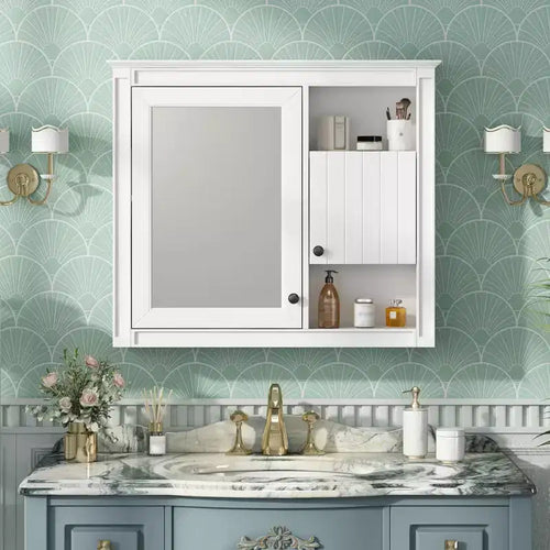 32 Bathroom Wall Cabinet with Mirror, Wall Mounted Medicine Cabinet with 3 Shelves for Bathroom White