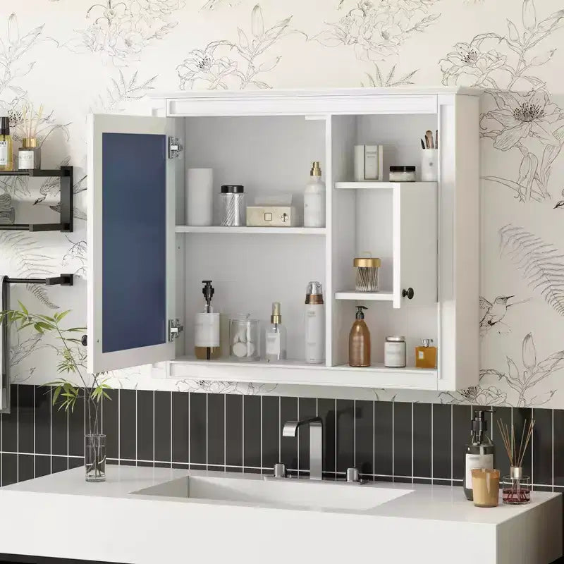 32 Bathroom Wall Cabinet with Mirror, Wall Mounted Medicine Cabinet with 3 Shelves for Bathroom White