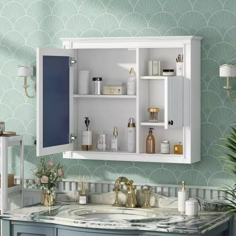 32 Bathroom Wall Cabinet with Mirror, Wall Mounted Medicine Cabinet with 3 Shelves for Bathroom White