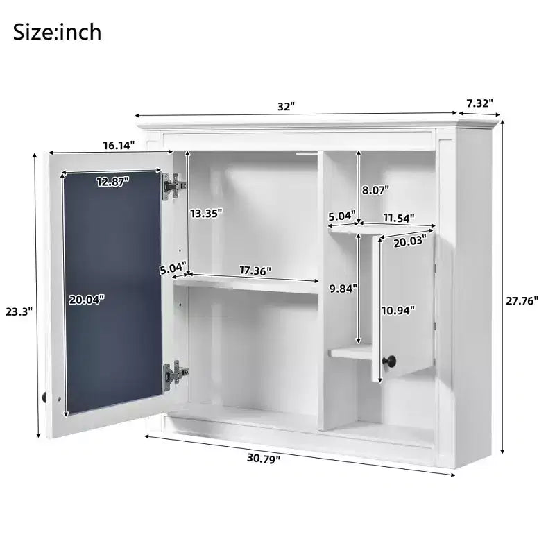 32 Bathroom Wall Cabinet with Mirror, Wall Mounted Medicine Cabinet with 3 Shelves for Bathroom White