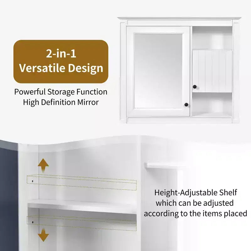 32 Bathroom Wall Cabinet with Mirror, Wall Mounted Medicine Cabinet with 3 Shelves for Bathroom White