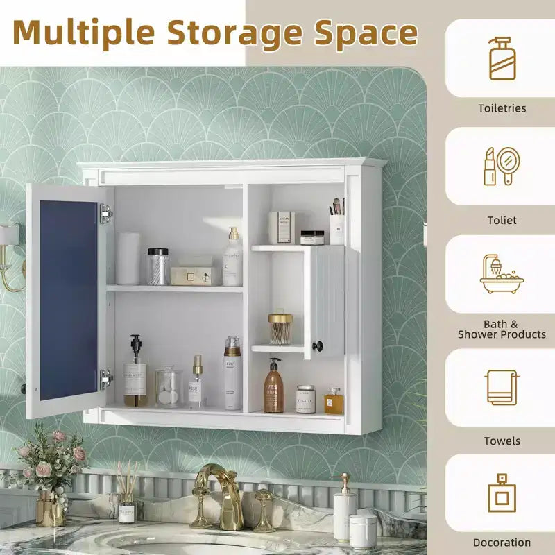 32 Bathroom Wall Cabinet with Mirror, Wall Mounted Medicine Cabinet with 3 Shelves for Bathroom White