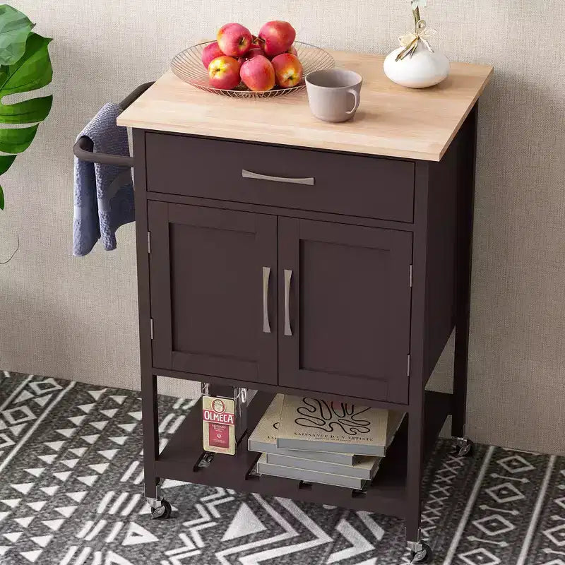 Rolling Kitchen Island Cart w/ Drawer 2-Door Storage Cabinet Bottom Tray