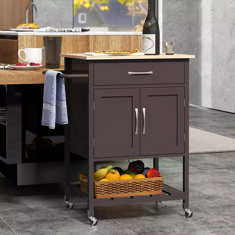 Rolling Kitchen Island Cart w/ Drawer 2-Door Storage Cabinet Bottom Tray