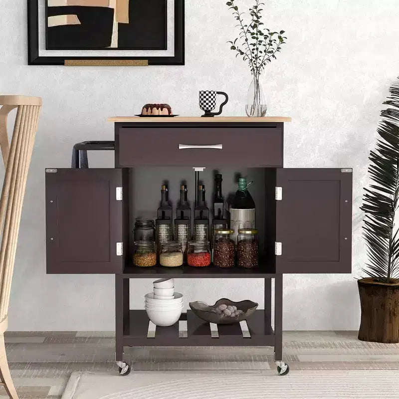 Rolling Kitchen Island Cart w/ Drawer 2-Door Storage Cabinet Bottom Tray