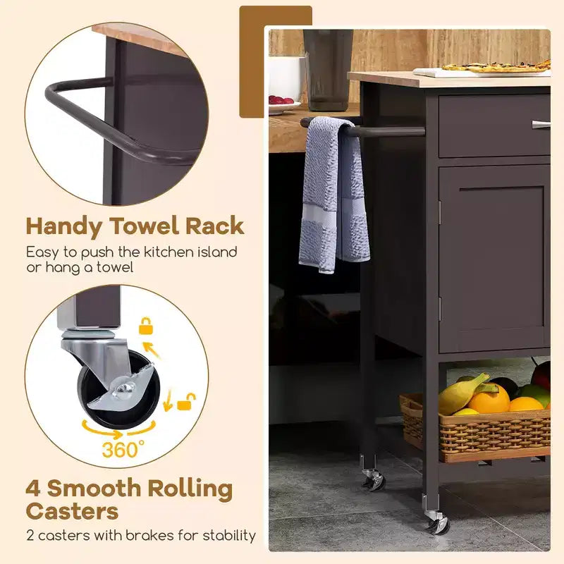 Rolling Kitchen Island Cart w/ Drawer 2-Door Storage Cabinet Bottom Tray