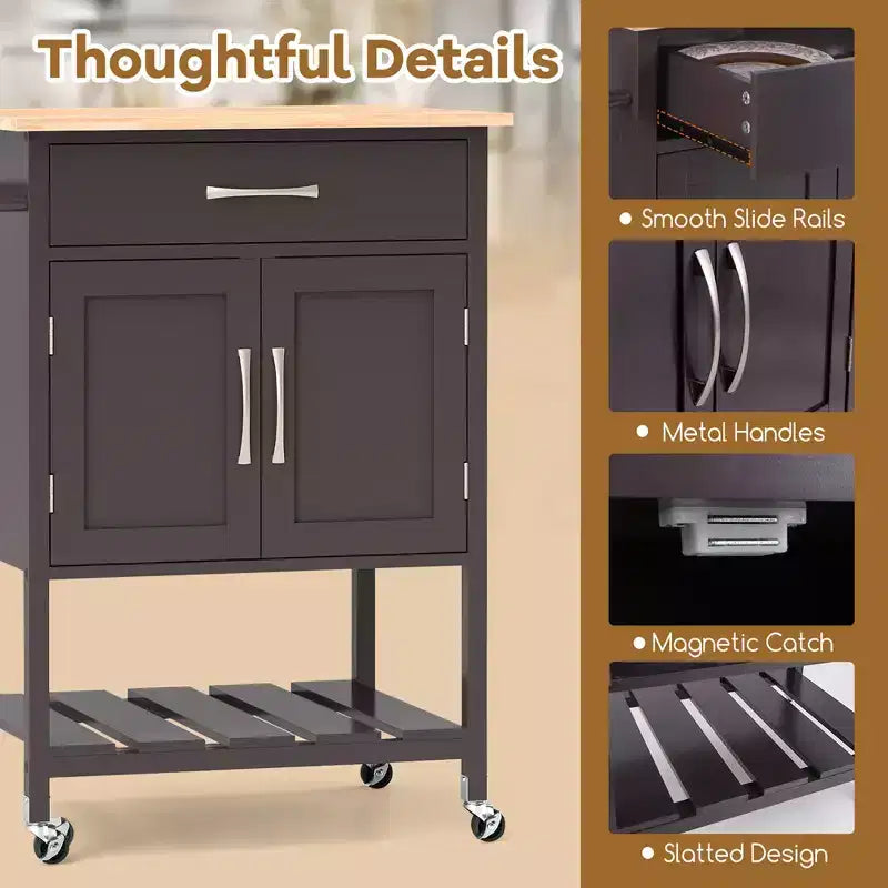 Rolling Kitchen Island Cart w/ Drawer 2-Door Storage Cabinet Bottom Tray