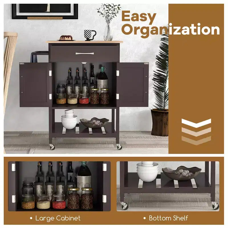 Rolling Kitchen Island Cart w/ Drawer 2-Door Storage Cabinet Bottom Tray