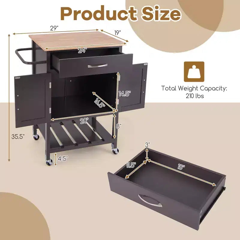 Rolling Kitchen Island Cart w/ Drawer 2-Door Storage Cabinet Bottom Tray