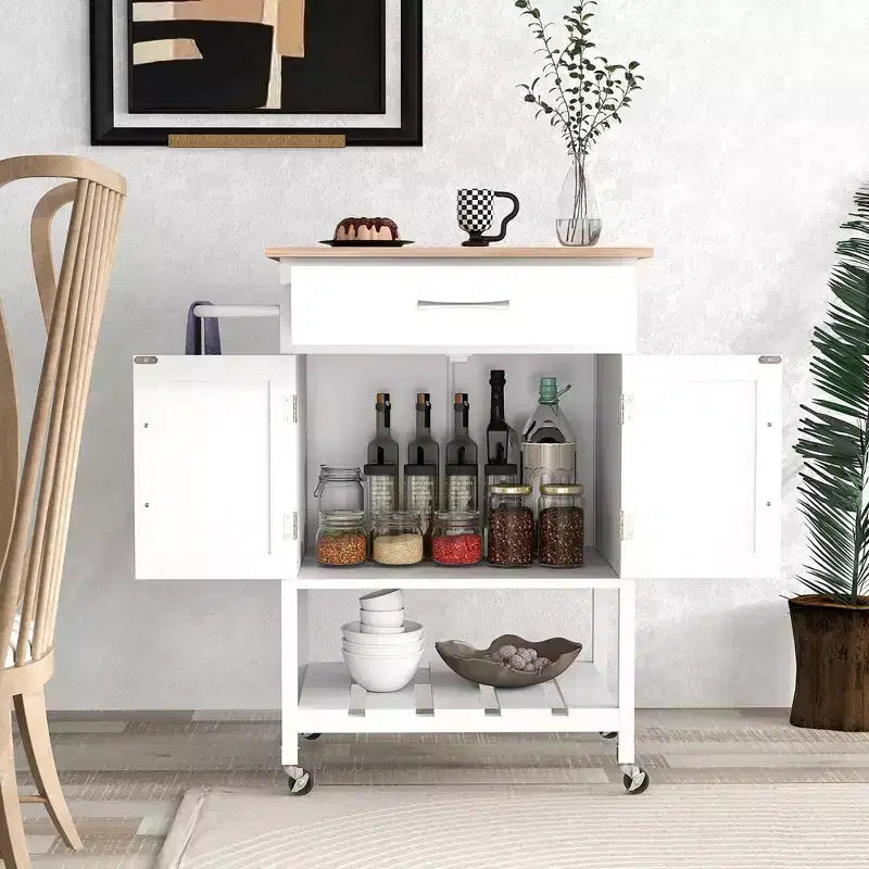 Rolling Kitchen Island Cart w/ Drawer 2-Door Storage Cabinet Bottom Tray