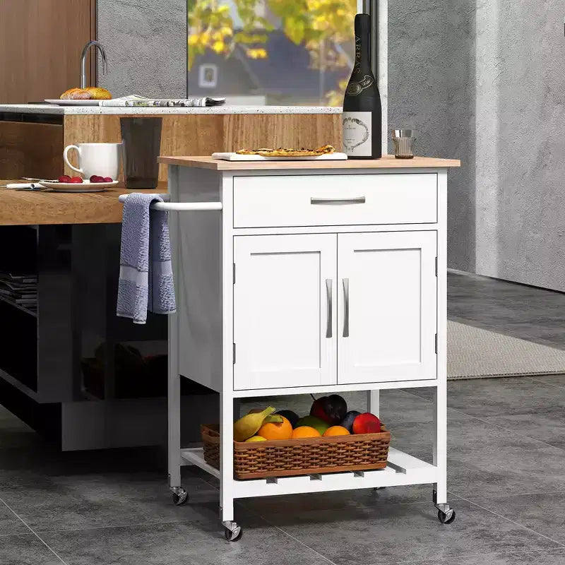 Rolling Kitchen Island Cart w/ Drawer 2-Door Storage Cabinet Bottom Tray