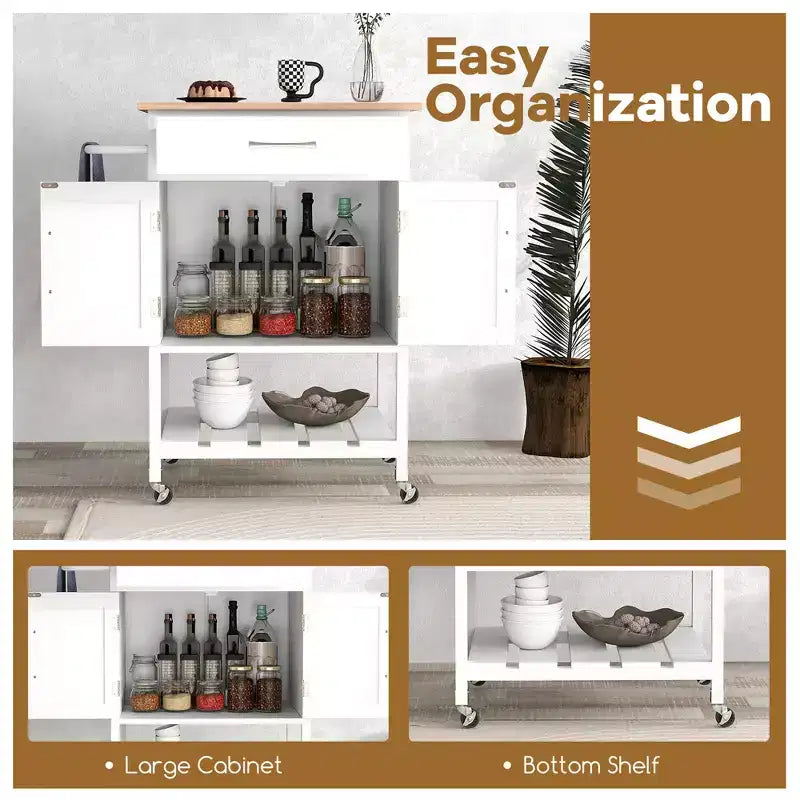 Rolling Kitchen Island Cart w/ Drawer 2-Door Storage Cabinet Bottom Tray