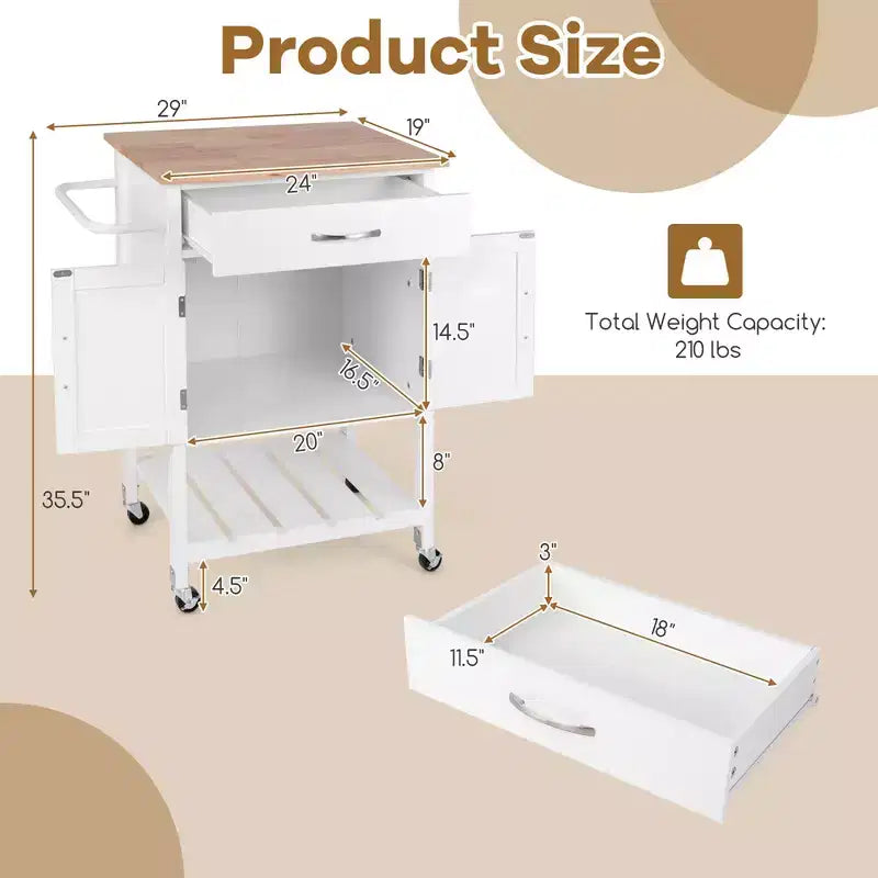 Rolling Kitchen Island Cart w/ Drawer 2-Door Storage Cabinet Bottom Tray