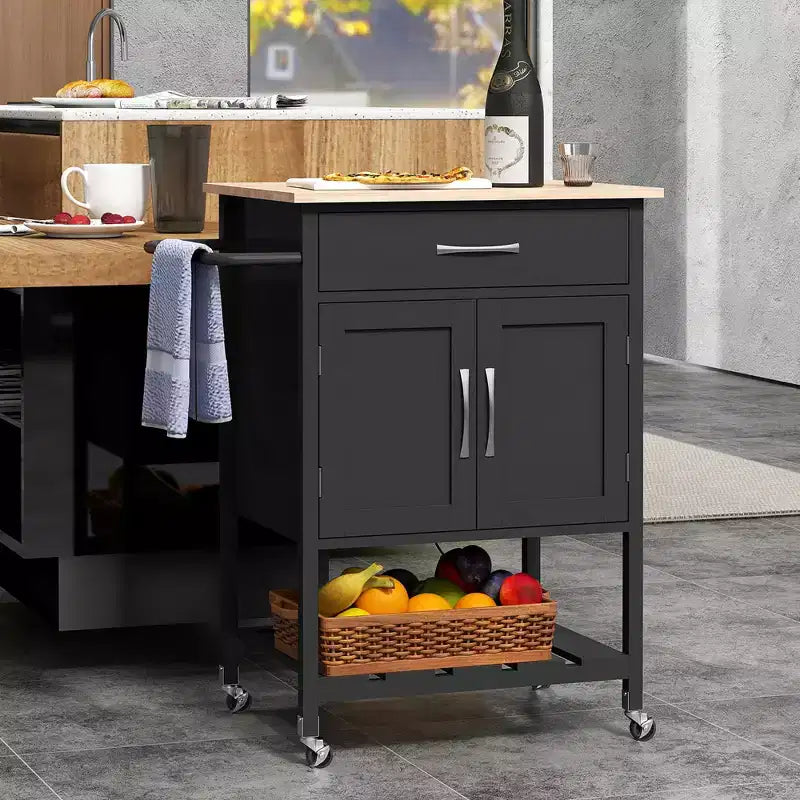 Rolling Kitchen Island Cart w/ Drawer 2-Door Storage Cabinet Bottom Tray