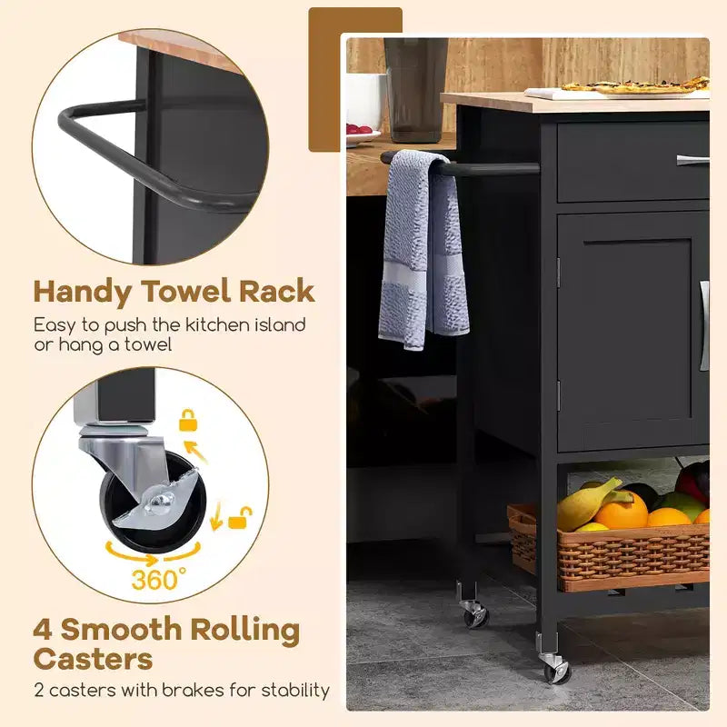 Rolling Kitchen Island Cart w/ Drawer 2-Door Storage Cabinet Bottom Tray