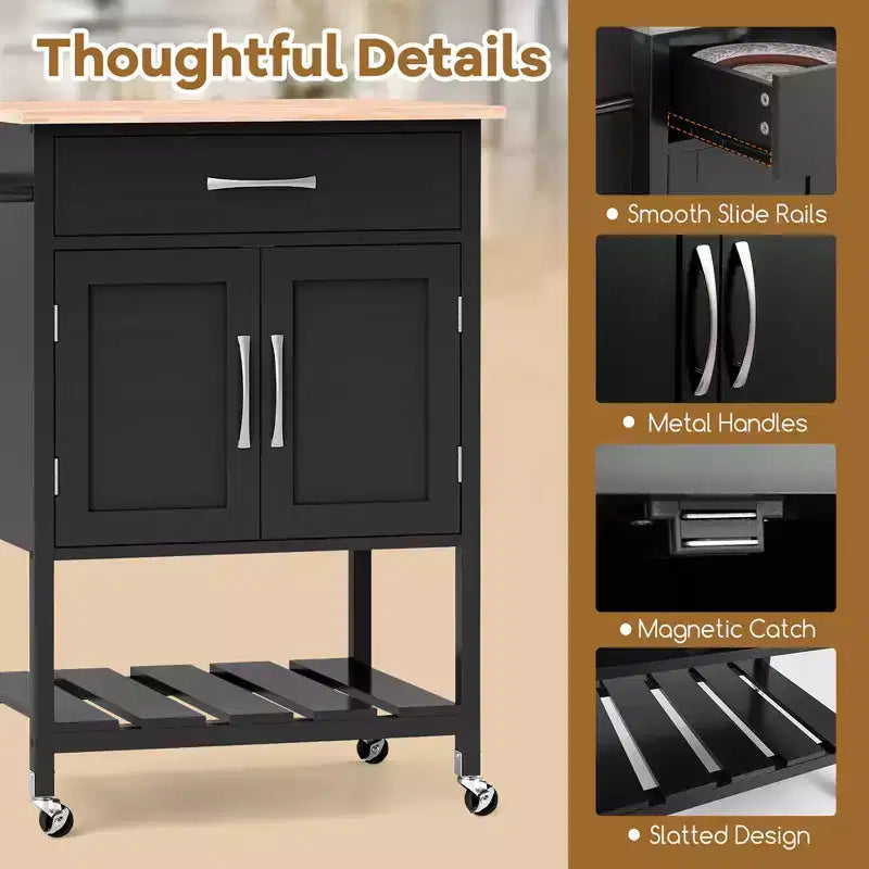 Rolling Kitchen Island Cart w/ Drawer 2-Door Storage Cabinet Bottom Tray