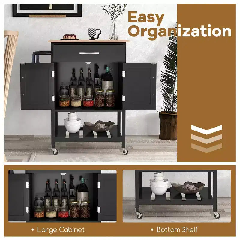 Rolling Kitchen Island Cart w/ Drawer 2-Door Storage Cabinet Bottom Tray